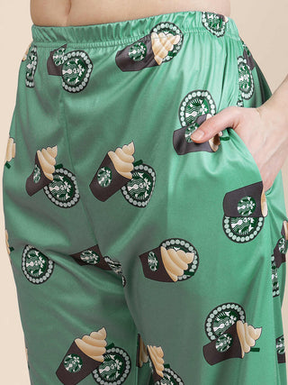 FABINALIV Green Abstract Graphic Printed Women Night Suit