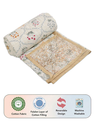 FABINALIV Multicolor Floral Reversible AC Room 300 GSM 100% Cotton Single Bed Dohar
