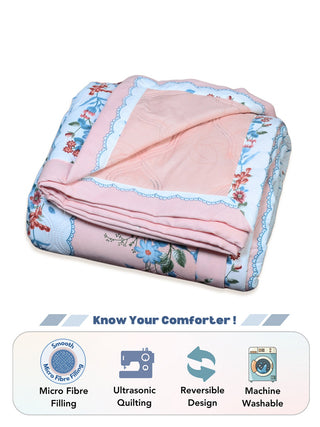 FABINALIV Pink Floral Ultrasonic Quilted Reversible 350 GSM AC Room Single Bed Comforter