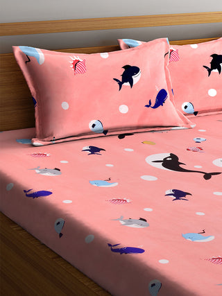 FABINALIV Peach Cartoon Print 300 TC Cotton Blend King Size Fitted Double Bedsheet with 2 Pillow Covers (250X225 cm)