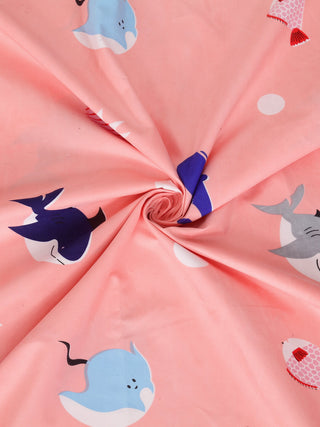 FABINALIV Peach Cartoon Print 300 TC Cotton Blend King Size Fitted Double Bedsheet with 2 Pillow Covers (250X225 cm)