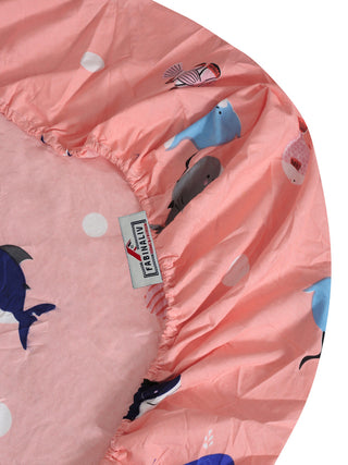 FABINALIV Peach Cartoon Print 300 TC Cotton Blend King Size Fitted Double Bedsheet with 2 Pillow Covers (250X225 cm)