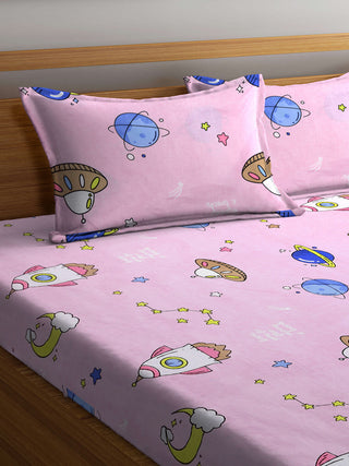 FABINALIV Pink Cartoon Print 300 TC Cotton Blend King Size Fitted Double Bedsheet with 2 Pillow Covers (250X225 cm)