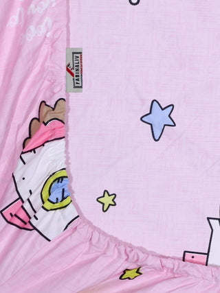 FABINALIV Pink Cartoon Print 300 TC Cotton Blend King Size Fitted Double Bedsheet with 2 Pillow Covers (250X225 cm)