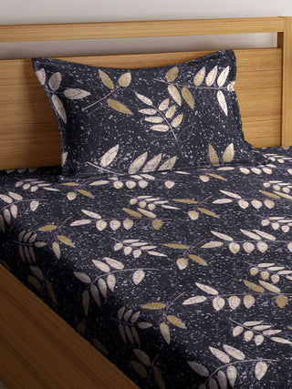 FABINALIV Black Floral 300 TC Cotton Blend Single Bedsheet with Pillow Cover (225X150 cm)