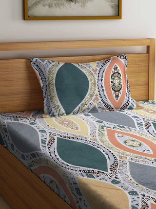 FABINALIV Multicolor Motifs 300 TC Cotton Blend Single Bedsheet with Pillow Cover (225X150 cm)