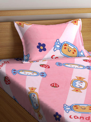 FABINALIV Pink Cartoon Print 300 TC Cotton Blend Single Bedsheet with Pillow Cover (225X150 cm)