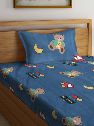 FABINALIV Blue Cartoon Print 300 TC Cotton Blend Single Bedsheet with Pillow Cover (225X150 cm)