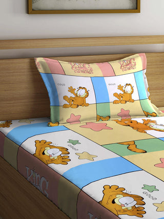 FABINALIV Multicolor Cartoon Print 300 TC Cotton Blend Single Bedsheet with Pillow Cover (225X150 cm)