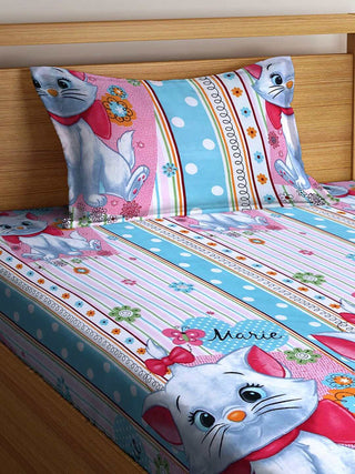 FABINALIV Multicolor Cartoon Print 300 TC Cotton Blend Single Bedsheet with Pillow Cover (225X150 cm)