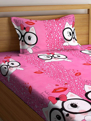 FABINALIV Pink Cartoon Print 300 TC Cotton Blend Single Bedsheet with Pillow Cover (225X150 cm)