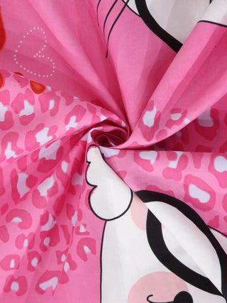 FABINALIV Pink Cartoon Print 300 TC Cotton Blend Single Bedsheet with Pillow Cover (225X150 cm)