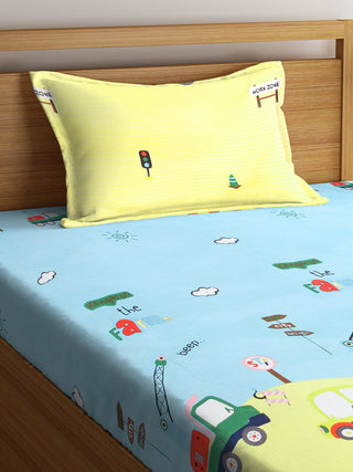 FABINALIV Multicolor Cartoon Print 300 TC Cotton Blend Single Bedsheet with Pillow Cover (225X150 cm)