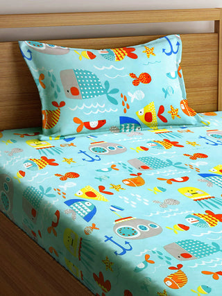 FABINALIV Multicolor Cartoon Print 300 TC Cotton Blend Single Bedsheet with Pillow Cover (225X150 cm)