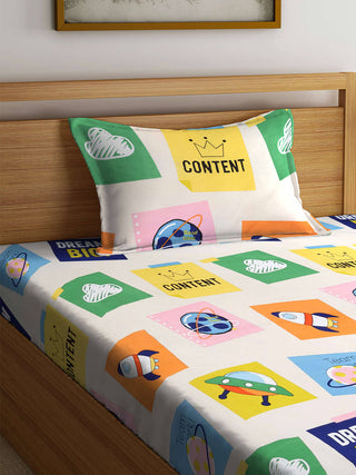 FABINALIV Multicolor Cartoon Print 300 TC Cotton Blend Single Bedsheet with Pillow Cover (225X150 cm)