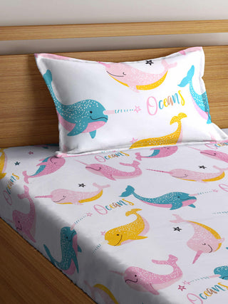 FABINALIV Multicolor Cartoon Print 300 TC Cotton Blend Single Bedsheet with Pillow Cover (225X150 cm)