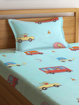 FABINALIV Multicolor Cartoon Print 300 TC Cotton Blend Single Bedsheet with Pillow Cover (225X150 cm)