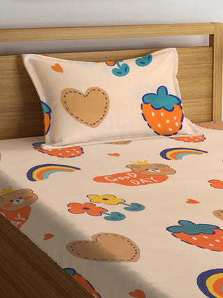 FABINALIV Multicolor Cartoon Print 300 TC Cotton Blend Single Bedsheet with Pillow Cover (225X150 cm)