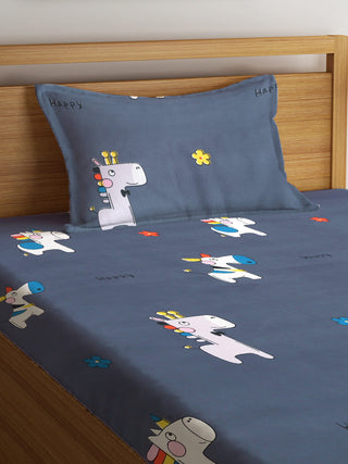 FABINALIV Multicolor Cartoon Print 300 TC Cotton Blend Single Bedsheet with Pillow Cover (225X150 cm)