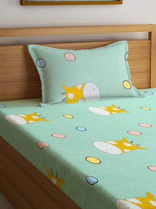 FABINALIV Multicolor Cartoon Print 300 TC Cotton Blend Single Bedsheet with Pillow Cover (225X150 cm)