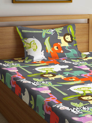 FABINALIV Multicolor Cartoon Print 300 TC Cotton Blend Single Bedsheet with Pillow Cover (225X150 cm)
