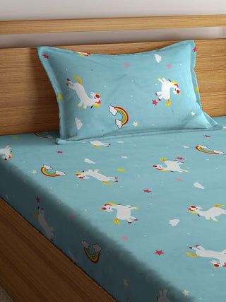 FABINALIV Multicolor Cartoon Print 300 TC Cotton Blend Single Bedsheet with Pillow Cover (225X150 cm)