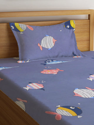 FABINALIV Multicolor Cartoon Print 300 TC Cotton Blend Single Bedsheet with Pillow Cover (225X150 cm)