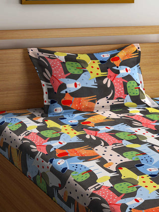 FABINALIV Multicolor Cartoon Print 300 TC Cotton Blend Single Bedsheet with Pillow Cover (225X150 cm)
