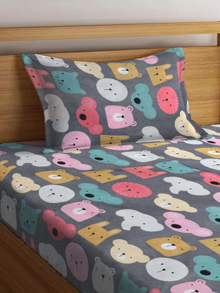 FABINALIV Multicolor Cartoon Print 300 TC Cotton Blend Single Bedsheet with Pillow Cover (225X150 cm)
