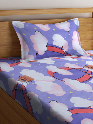 FABINALIV Multicolor Cartoon Print 300 TC Cotton Blend Single Bedsheet with Pillow Cover (225X150 cm)