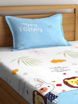 FABINALIV Multicolor Cartoon Print 300 TC Cotton Blend Single Bedsheet with Pillow Cover (225X150 cm)