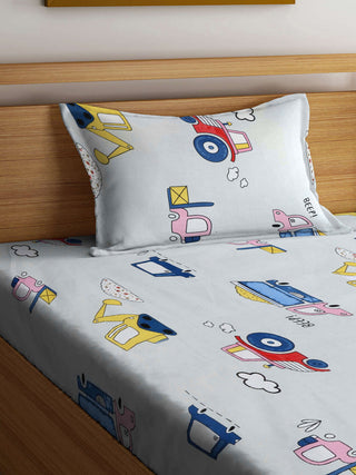 FABINALIV Multicolor Cartoon Print 300 TC Cotton Blend Single Bedsheet with Pillow Cover (225X150 cm)