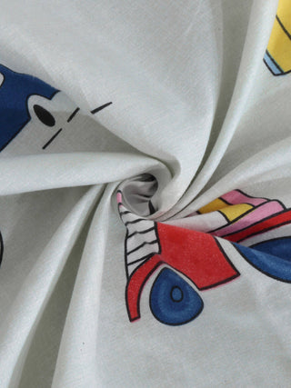 FABINALIV Multicolor Cartoon Print 300 TC Cotton Blend Single Bedsheet with Pillow Cover (225X150 cm)