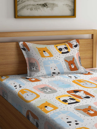 FABINALIV Multicolor Cartoon Print 300 TC Cotton Blend Single Bedsheet with Pillow Cover (225X150 cm)