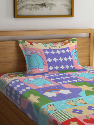FABINALIV Multicolor Cartoon Print 300 TC Cotton Blend Single Bedsheet with Pillow Cover (225X150 cm)