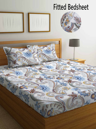 FABINALIV Multicolor Floral 300 TC Cotton Blend King Size Fitted Double Bedsheet with 2 Pillow Covers (250X225 cm)