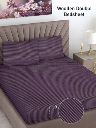 FABINALIV Purple Striped 300 TC Woollen King Size Double Bedsheet with 2 Pillow Covers (250X225 cm)