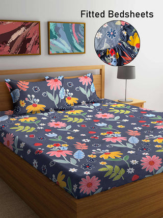 FABINALIV Multicolor Floral 300 TC Cotton Blend King Size Fitted Double Bedsheet with 2 Pillow Covers (250X225 cm)