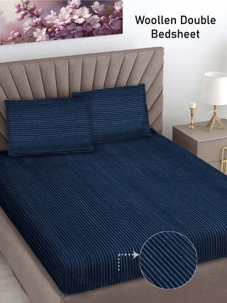 FABINALIV Navy Blue Striped 300 TC Woollen King Size Double Bedsheet with 2 Pillow Covers (250X225 cm)