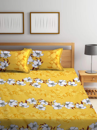FABINALIV Yellow Floral 300 TC Cotton Blend King Size Fitted Double Bedsheet with 2 Pillow Covers (250X225 cm)