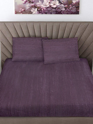 FABINALIV Purple Striped 300 TC Woollen King Size Double Bedsheet with 2 Pillow Covers (250X225 cm)