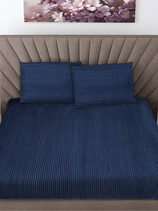 FABINALIV Navy Blue Striped 300 TC Woollen King Size Double Bedsheet with 2 Pillow Covers (250X225 cm)