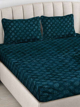FABINALIV Rama Blue Geometric 300 TC Woollen Embossed King Size Double Bedsheet with 2 Pillow Covers (250X225 cm)