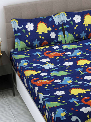 FABINALIV Blue Cartoon Print 300 TC Cotton Blend King Size Double Bedsheet with 2 Pillow Covers (250X225 cm)