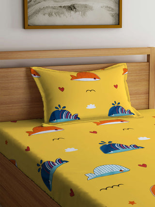 FABINALIV Multicolor Cartoon Print 300 TC Cotton Blend Single Bedsheet with Pillow Cover (225X150 cm)