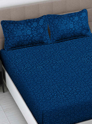 FABINALIV Navy Blue Floral 300 TC Woollen Embossed King Size Fitted Double Bedsheet with 2 Pillow Covers