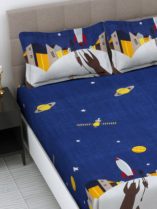 FABINALIV Blue Cartoon Print 300 TC Cotton Blend King Size Fitted Double Bedsheet with 2 Pillow Covers (250X225 cm)