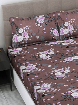 FABINALIV Brown Floral 300 TC Cotton Blend King Size Fitted Double Bedsheet with 2 Pillow Covers (250X225 cm)