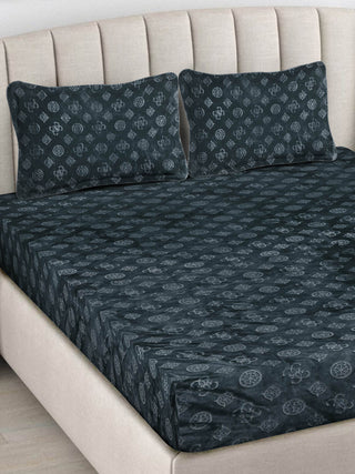 FABINALIV Dark Grey Geometric 300 TC Woollen Embossed King Size Double Bedsheet with 2 Pillow Covers (250X225 cm)