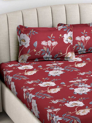 FABINALIV Maroon Floral 300 TC Cotton Blend King Size Fitted Double Bedsheet with 2 Pillow Covers (250X225 cm)